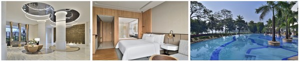L to R: The Westin Mumbai Powai Lake Lobby; Deluxe King Room; Outdoor Swimming Pool